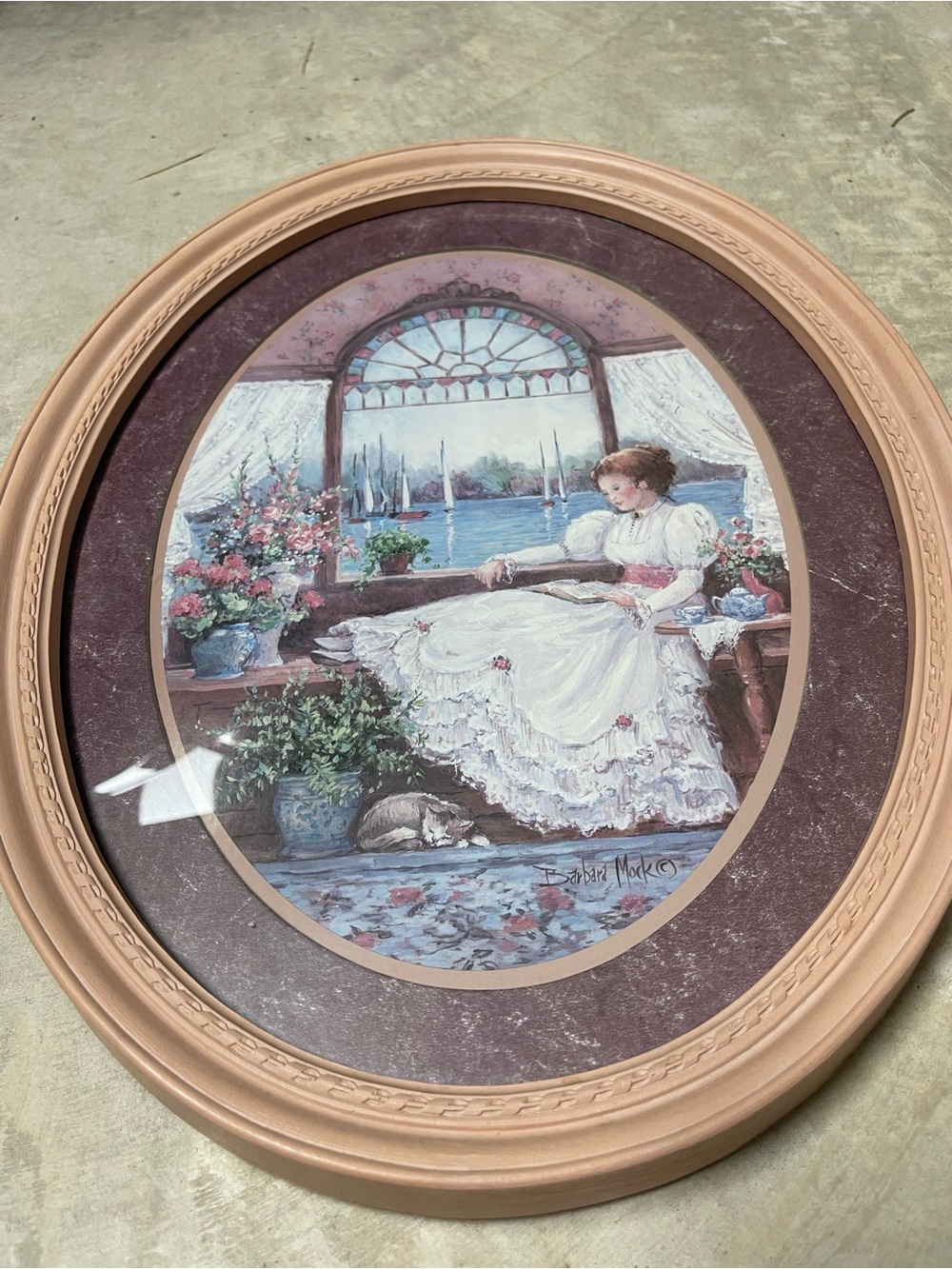 Pink Frame Oval Vintage 1981 "Lady In The Window" By Barbara Mock Home Interiors